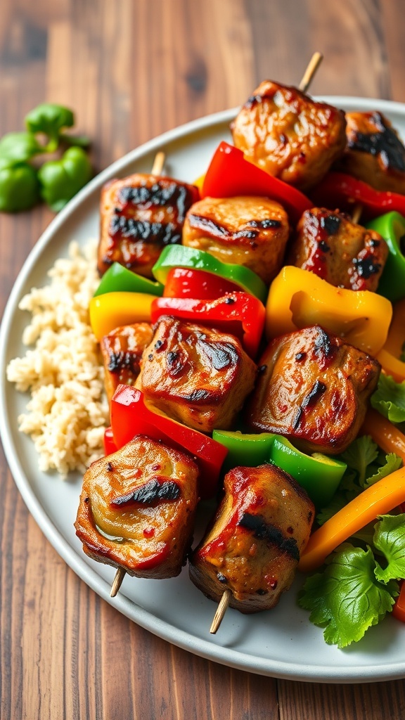 Air Fryer Pork Kabobs Recipe Air fryer pork kabobs with bell peppers and onions, served on a plate with rice and salad.